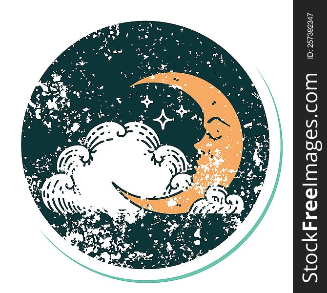 Distressed Sticker Tattoo Style Icon Of A Crescent Moon And Clouds