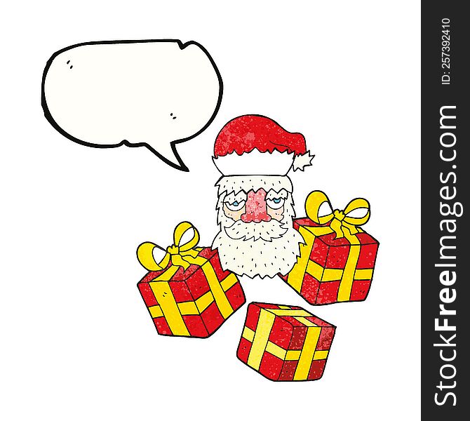 freehand drawn texture speech bubble cartoon tired santa claus face with presents