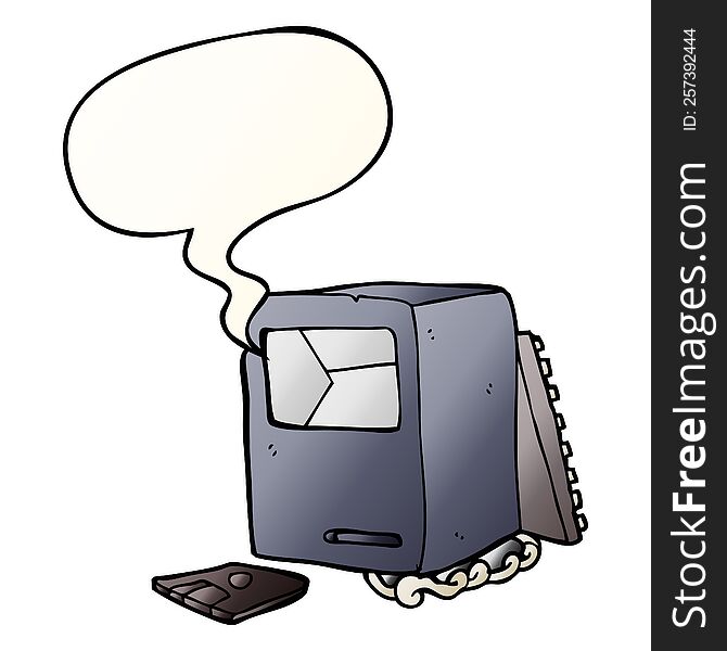 cartoon broken old computer with speech bubble in smooth gradient style