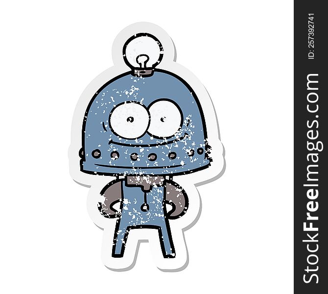 distressed sticker of a happy carton robot with light bulb