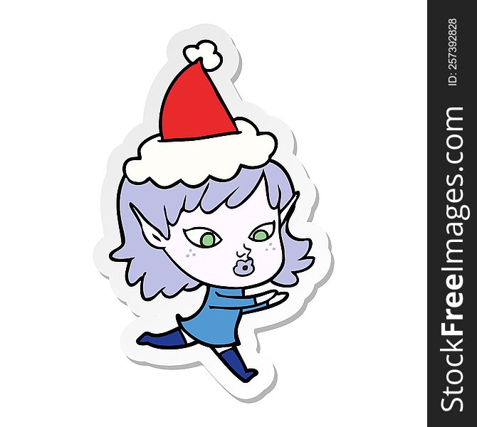 Pretty Sticker Cartoon Of A Elf Girl Wearing Santa Hat