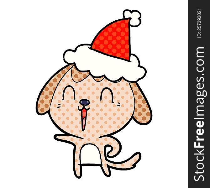 Cute Comic Book Style Illustration Of A Dog Wearing Santa Hat