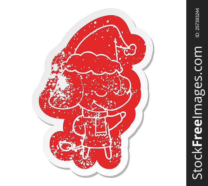 quirky cartoon distressed sticker of a smiling elephant wearing scarf wearing santa hat