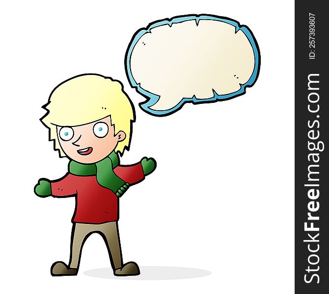 cartoon boy in winter clothes with speech bubble