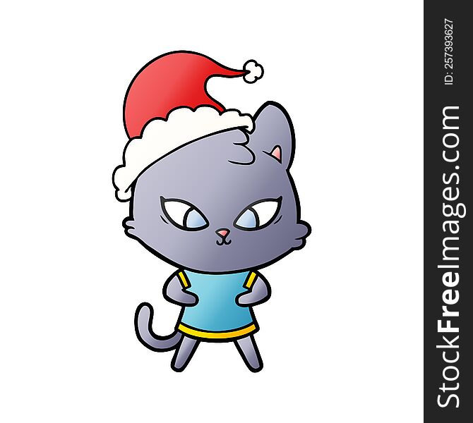 Cute Gradient Cartoon Of A Cat Wearing Santa Hat