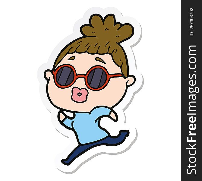 sticker of a cartoon woman running wearing sunglasses