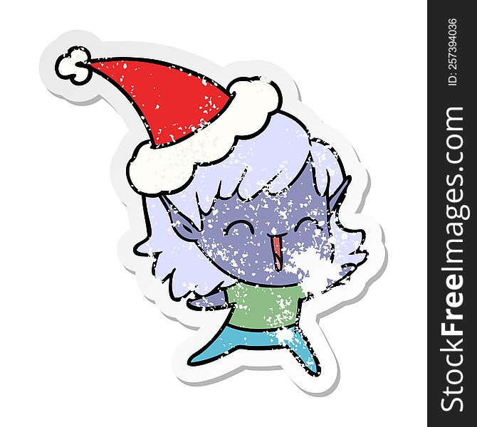 Distressed Sticker Cartoon Of A Elf Girl Wearing Santa Hat