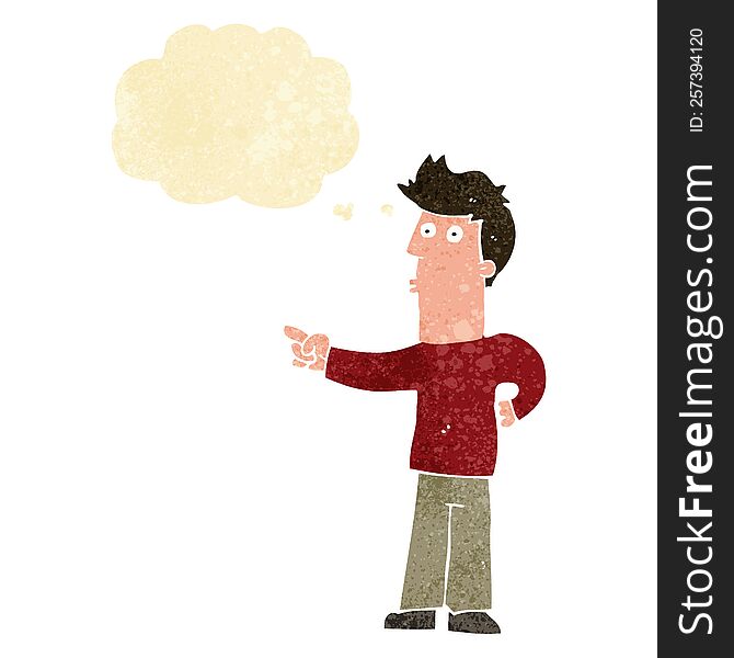 cartoon curious man pointing with thought bubble