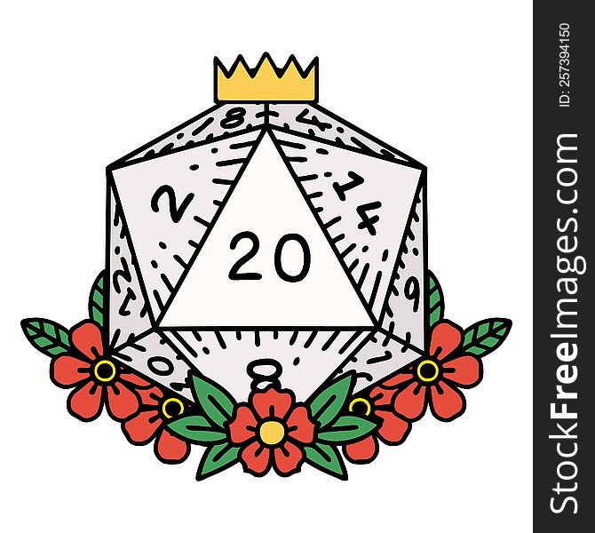 Natural 20 D20 Dice Roll With Floral Elements Illustration