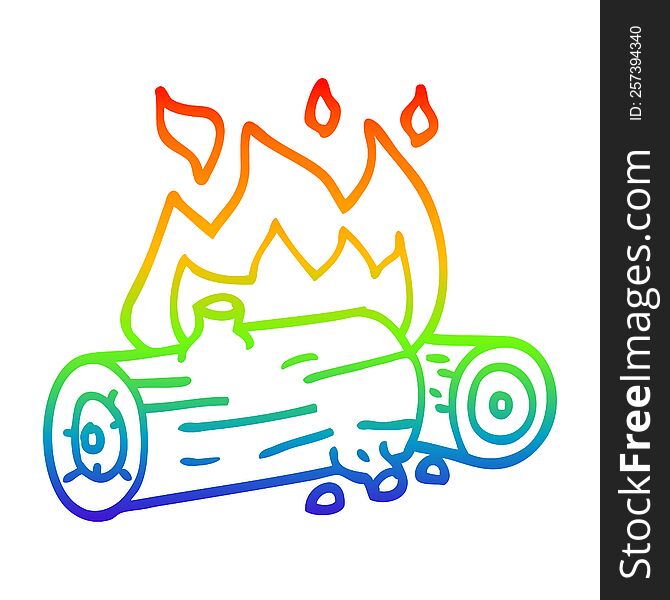 rainbow gradient line drawing of a cartoon burning logs