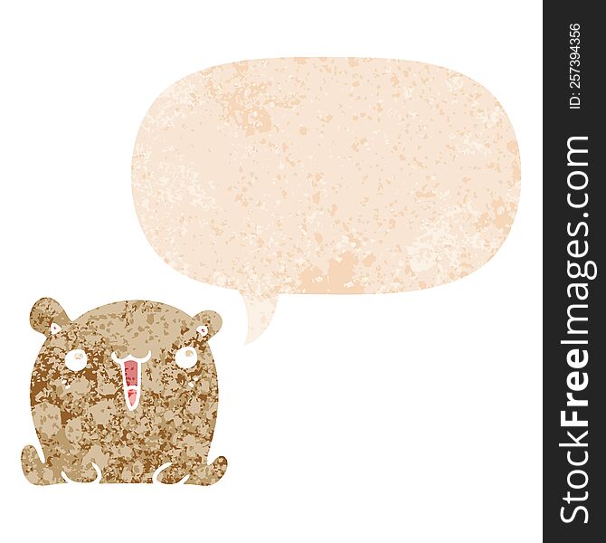 Cute Cartoon Bear And Speech Bubble In Retro Textured Style