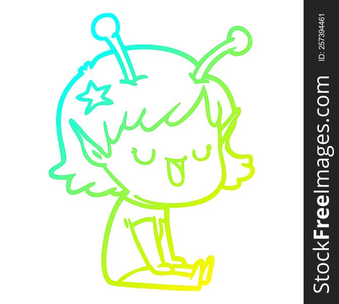 cold gradient line drawing of a happy alien girl cartoon laughing