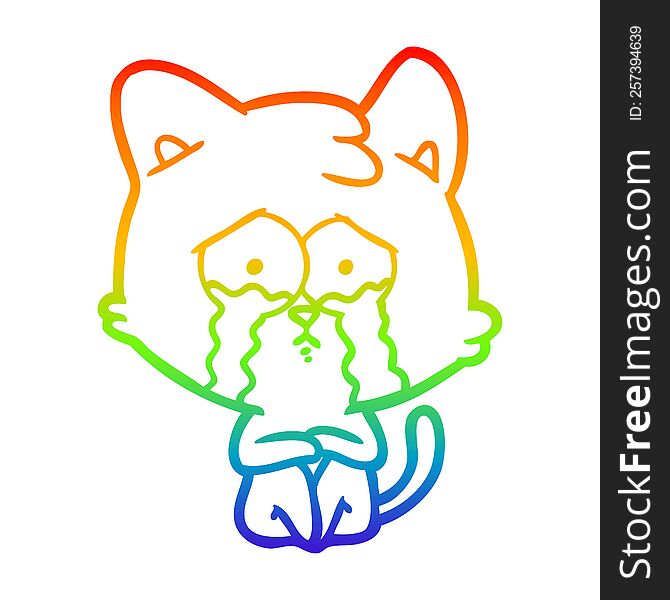 Rainbow Gradient Line Drawing Crying Cat Cartoon