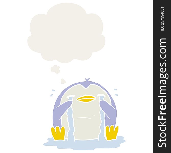 Cartoon Crying Penguin And Thought Bubble In Retro Style