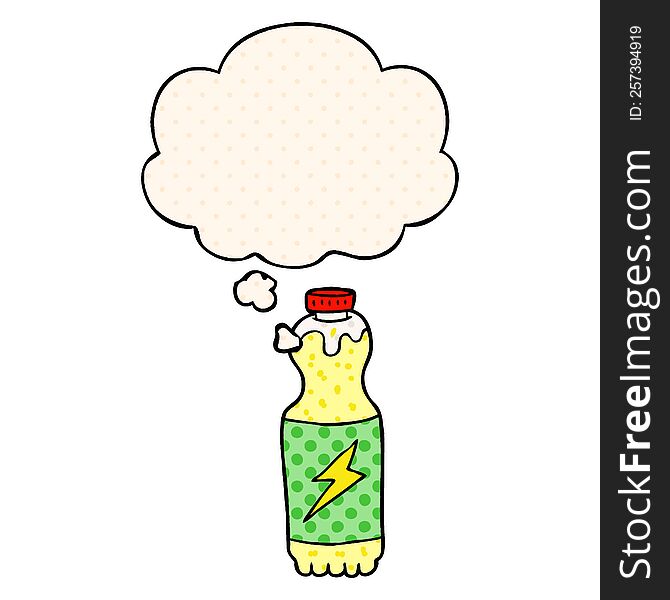 cartoon soda bottle with thought bubble in comic book style