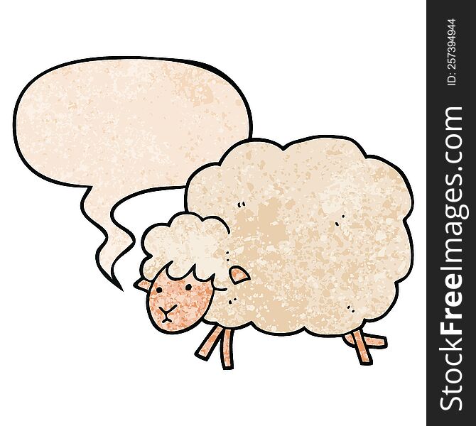 cartoon sheep with speech bubble in retro texture style
