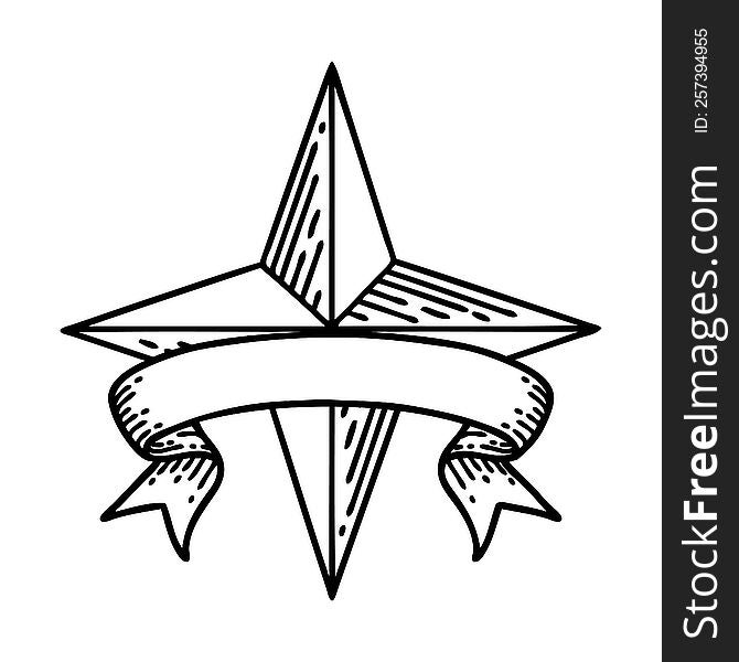 Black Linework Tattoo With Banner Of A Star