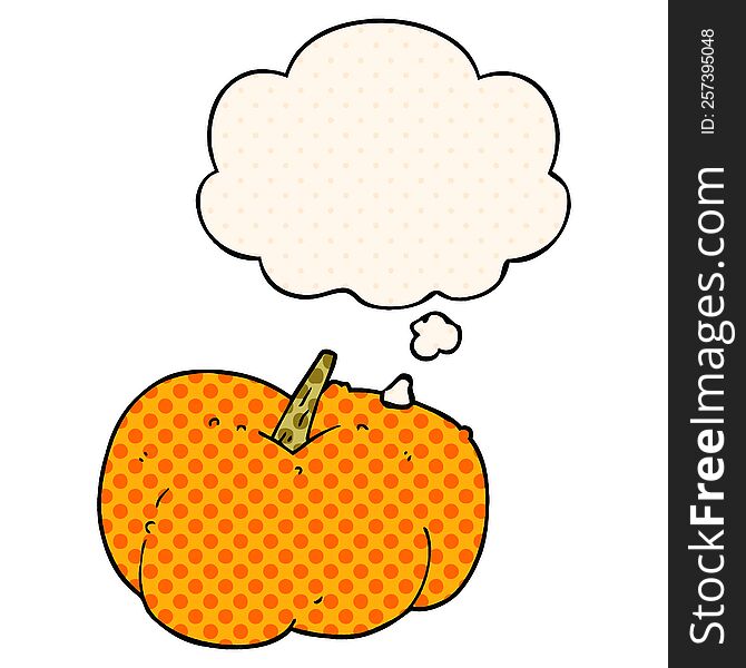 cartoon pumpkin squash with thought bubble in comic book style