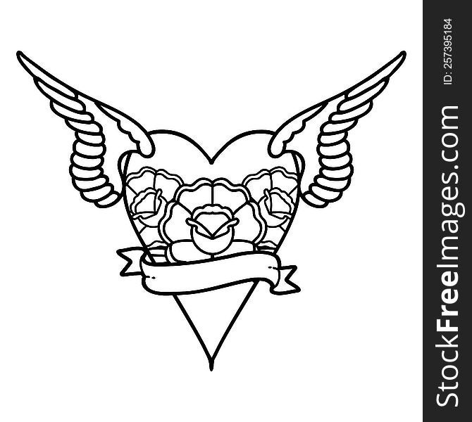Black Line Tattoo Of A Heart With Wings And Banner