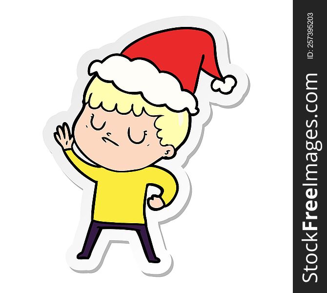 hand drawn sticker cartoon of a grumpy boy wearing santa hat