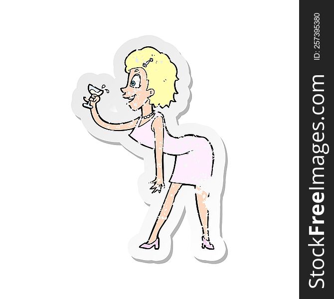 retro distressed sticker of a cartoon woman with drink