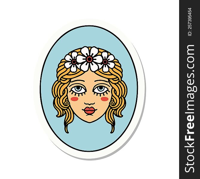 sticker of tattoo in traditional style of a maiden with flowers in her hair. sticker of tattoo in traditional style of a maiden with flowers in her hair