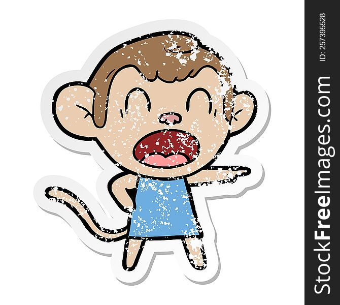 Distressed Sticker Of A Shouting Cartoon Monkey Pointing