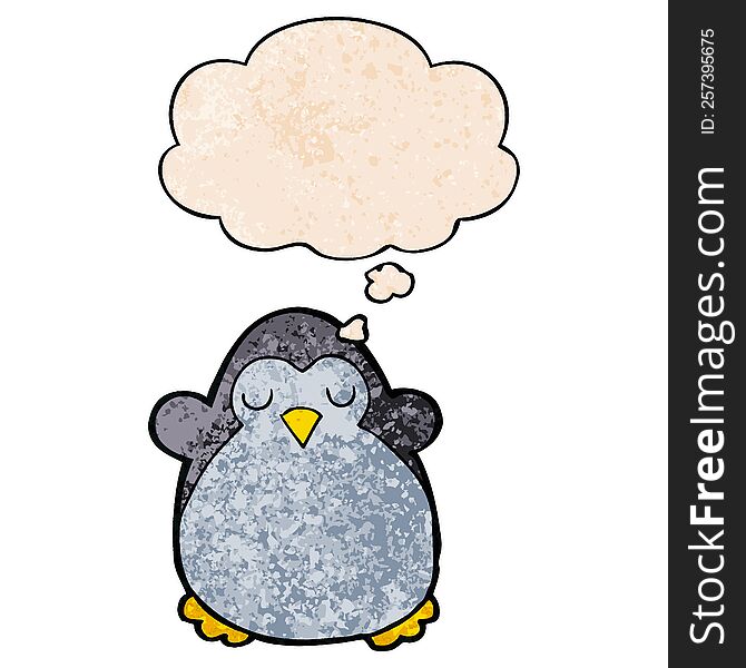 Cartoon Penguin And Thought Bubble In Grunge Texture Pattern Style
