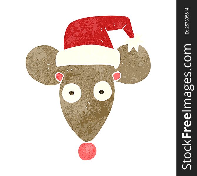 freehand retro cartoon mouse in christmas hat