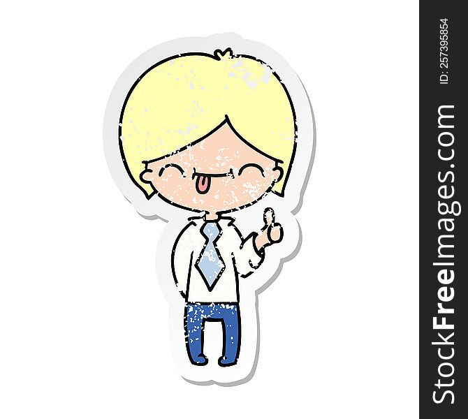 distressed sticker cartoon of boy with thumb up
