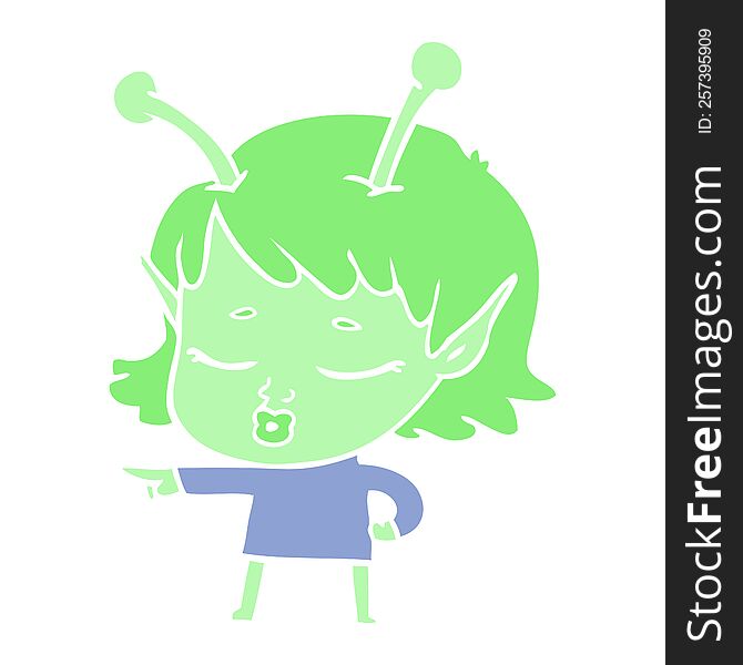 Cute Alien Girl Flat Color Style Cartoon Pointing