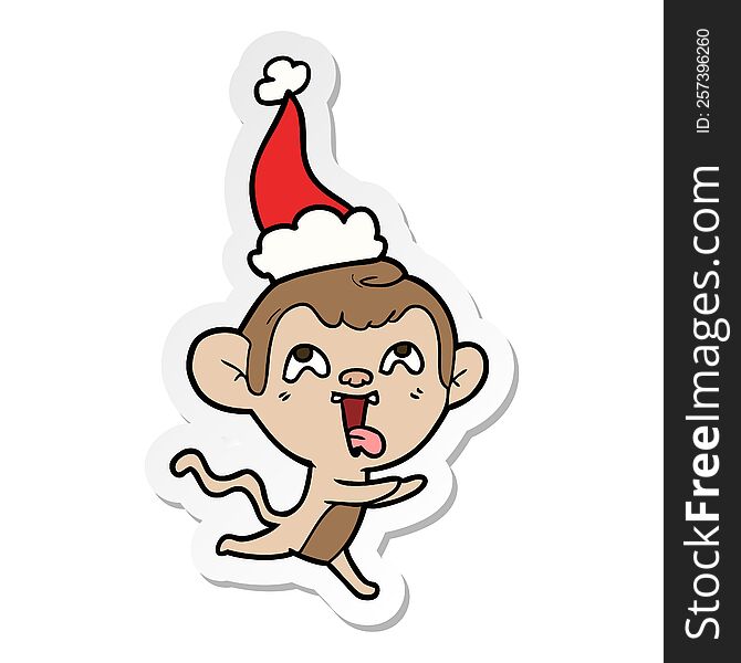 Crazy Sticker Cartoon Of A Monkey Running Wearing Santa Hat