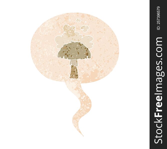 cartoon mushroom with spore cloud with speech bubble in grunge distressed retro textured style. cartoon mushroom with spore cloud with speech bubble in grunge distressed retro textured style