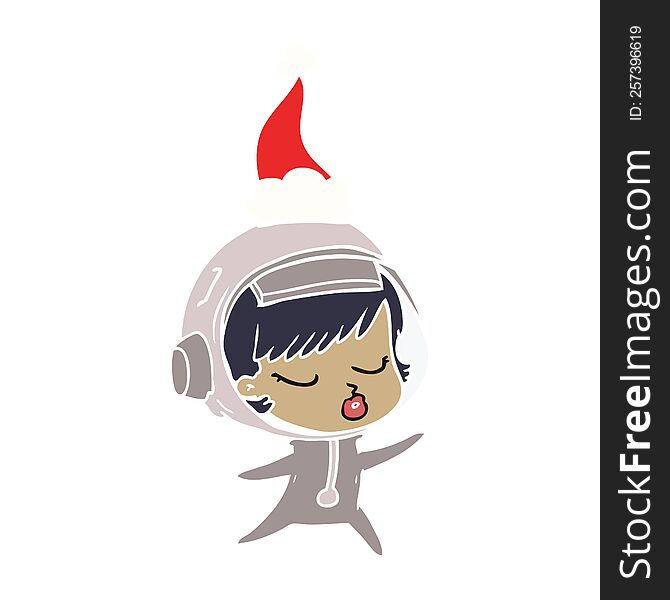 Flat Color Illustration Of A Pretty Astronaut Girl Wearing Santa Hat