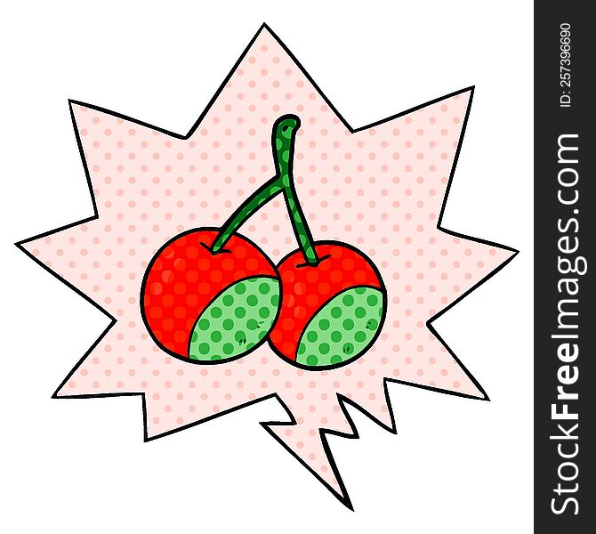 Cartoon Cherries And Speech Bubble In Comic Book Style