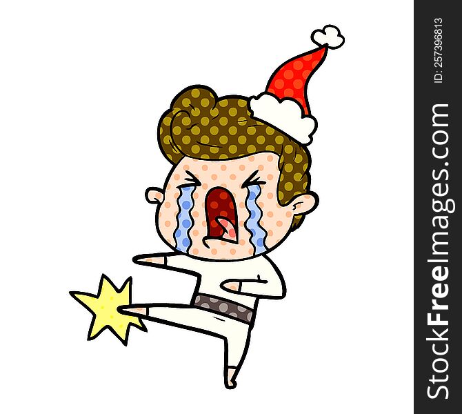 Comic Book Style Illustration Of A Crying Man Wearing Santa Hat