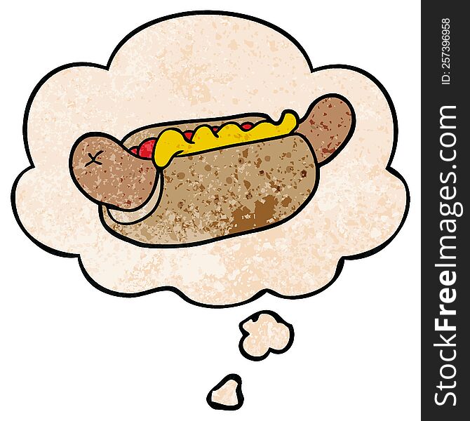 cartoon hot dog with thought bubble in grunge texture style. cartoon hot dog with thought bubble in grunge texture style