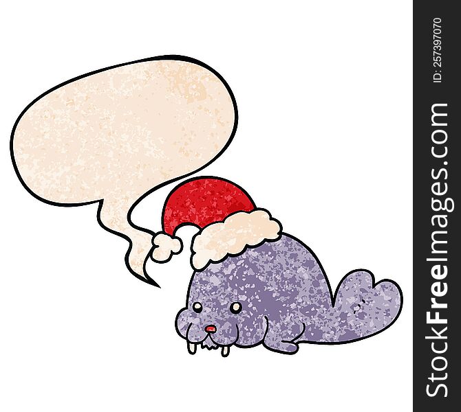 Cartoon Christmas Walrus And Speech Bubble In Retro Texture Style