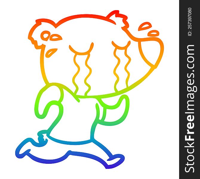 rainbow gradient line drawing of a cartoon crying bear running