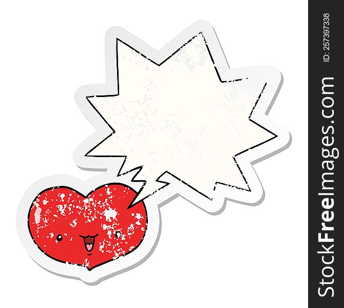 cartoon love heart character with speech bubble distressed distressed old sticker. cartoon love heart character with speech bubble distressed distressed old sticker