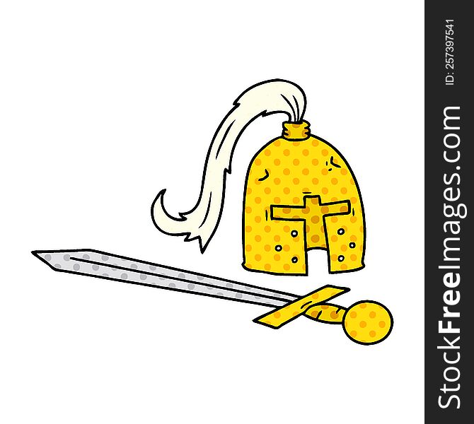 Cartoon Doodle Of A Medieval Helmet And Sword