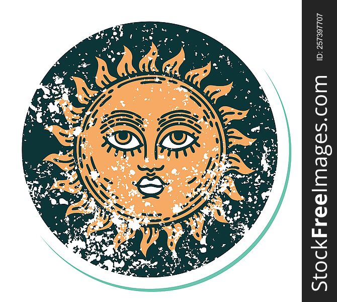 Distressed Sticker Tattoo Style Icon Of A Sun With Face