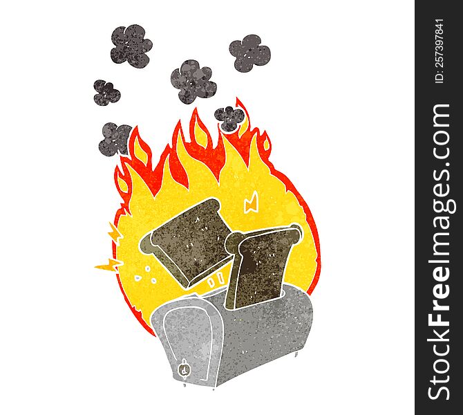 freehand retro cartoon burning toaster