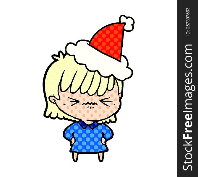 annoyed hand drawn comic book style illustration of a girl wearing santa hat