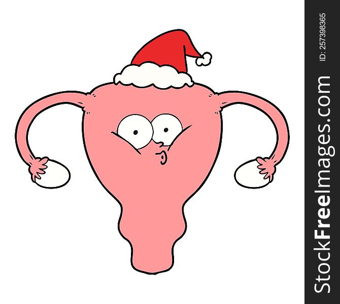 hand drawn line drawing of a uterus wearing santa hat