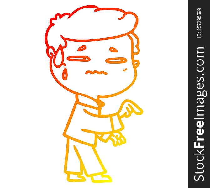 warm gradient line drawing of a cartoon anxious man pointing