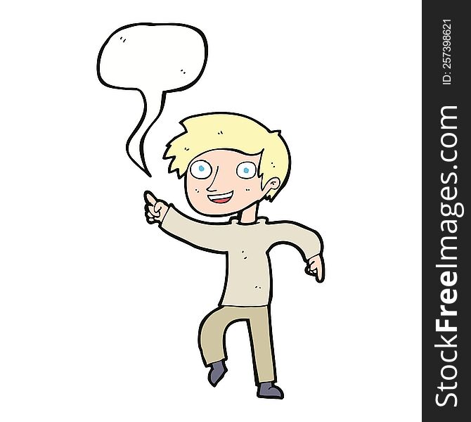 Cartoon Happy Boy Pointing With Speech Bubble