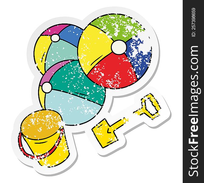 hand drawn distressed sticker cartoon doodle beach balls with a bucket and spade