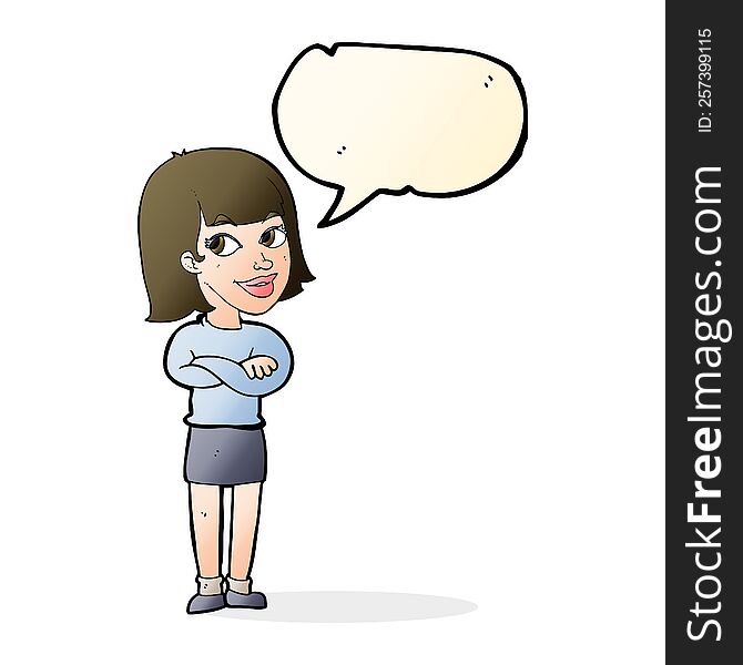 cartoon happy woman looking over with speech bubble