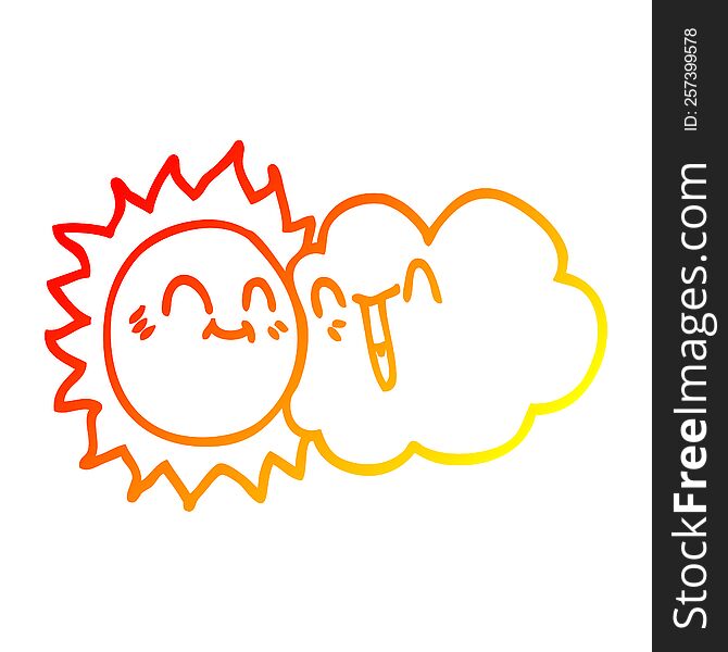 warm gradient line drawing of a cartoon happy sunshine and cloud